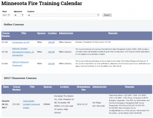Screen capture of the MN Fire Training Calendar