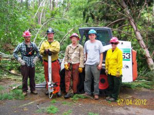 Minnesota Conservation Corps crew members clear roads and trails, Chippewa National Forest blowdown 2012