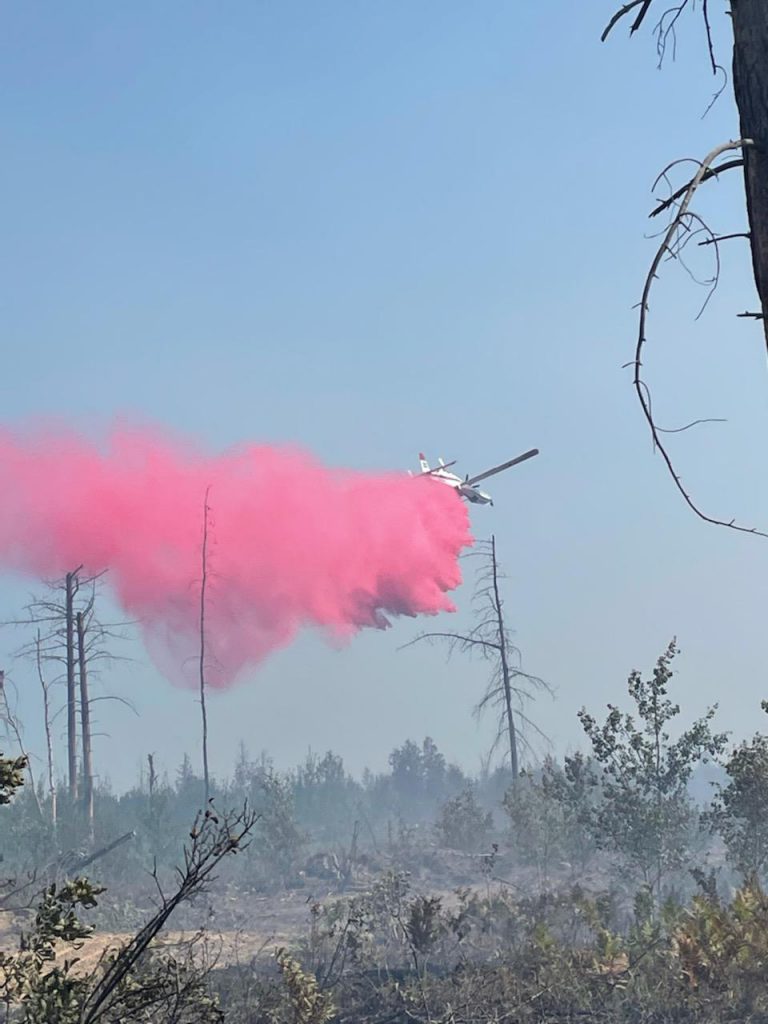 Pink dust falls behind airplane above a forest.