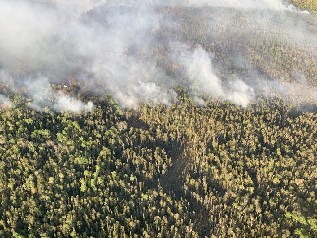 Aerial view of land with smoke rising above a forest.