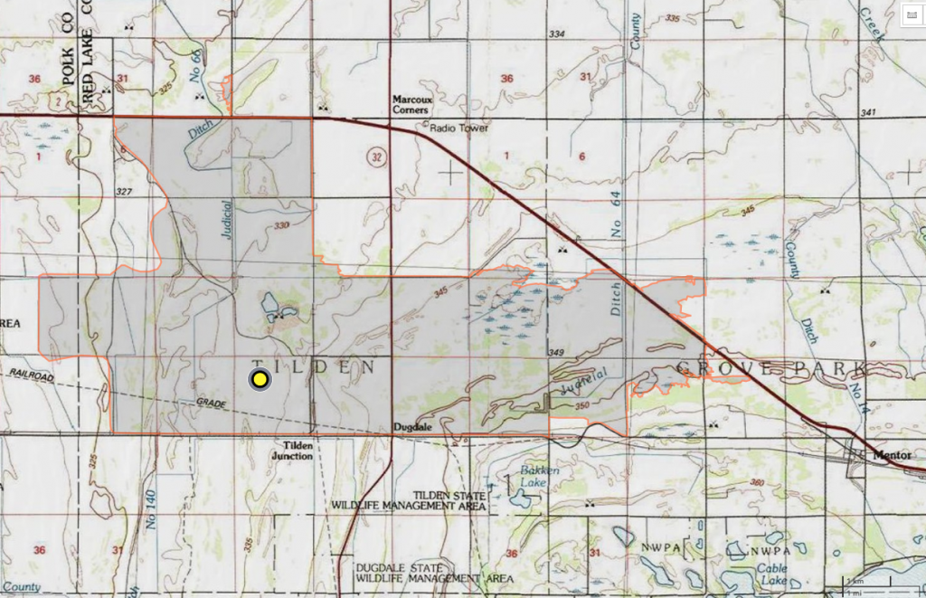 topographic map with yellow dot and orange boundary line