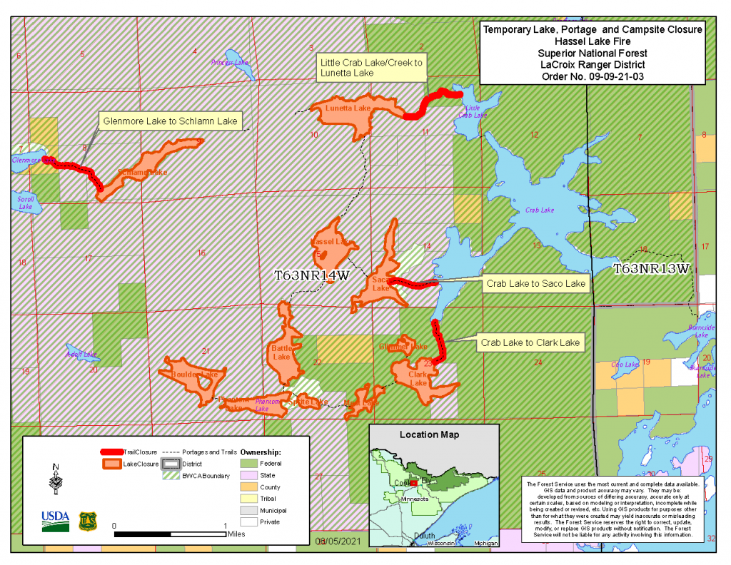 A multi-color forest map with closure area boundaries.