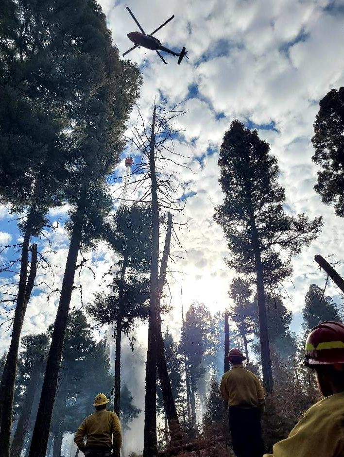 Wildland firefighters in a mountainous woodland look up at a helicopter with a bucket.
