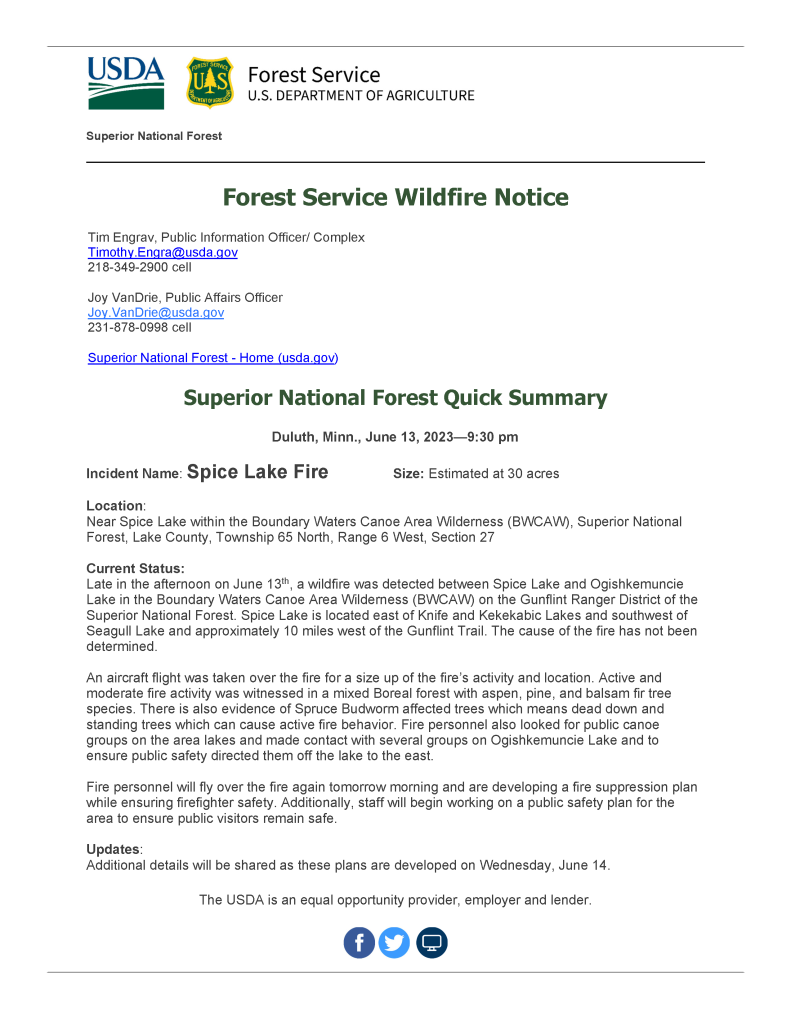 Screen capture of a press release with USDA green and blue logo and U.S. Forest Service shield yellow and green logo. Heading in green and body text in black font color.