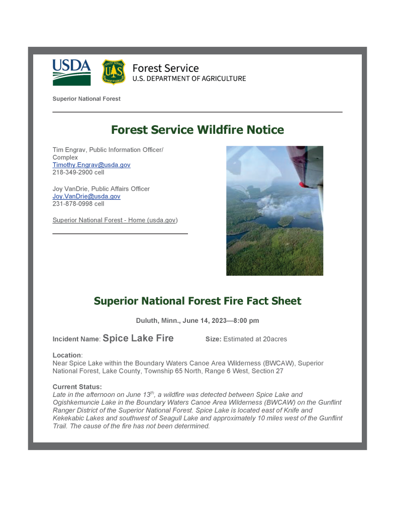 Screen capture of a press release with USDA green and blue logo and U.S. Forest Service shield yellow and green logo. Heading in green and body text in black font color.