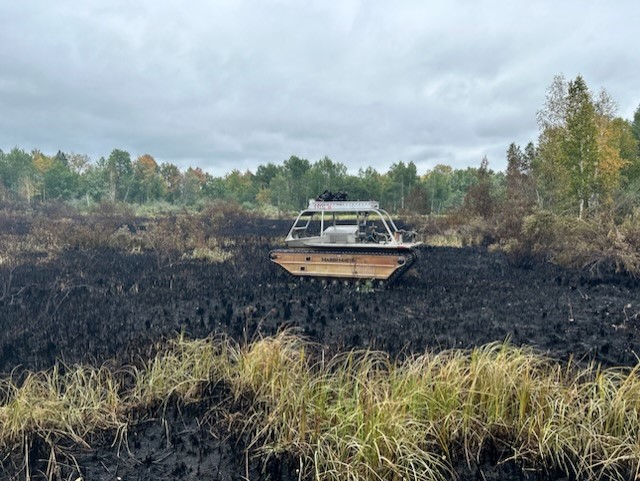 A tracked vehicle sits on top of black burned grasses surrounded by dry greenish tan grasses and green forest in the background.