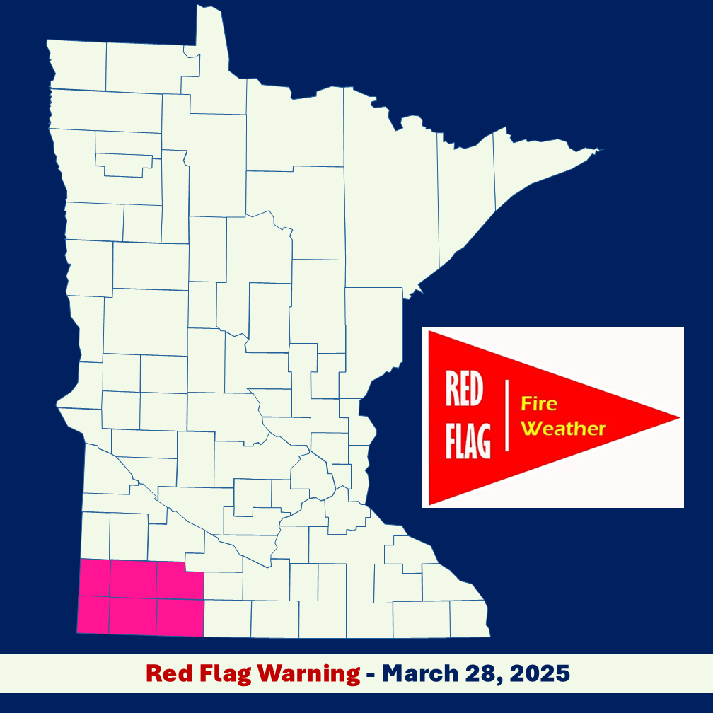 Infographic that includes a county bound map of Minnesota with red flag warning area shaded pink and a red banner in front of a dark blue background.