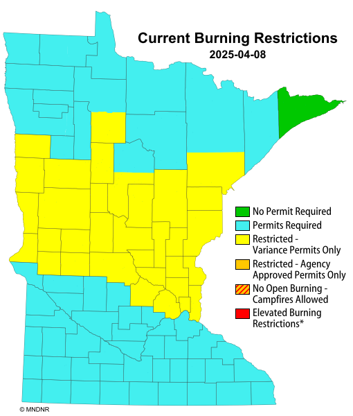 Minnesota county boundary map with counties shaded yellow, light blue or green based on level of burning restrictions in effect.