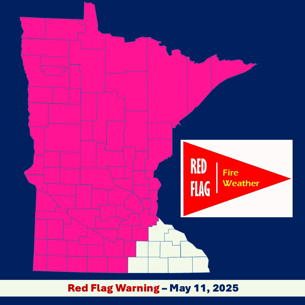 Infographic image of Minnesota with counties in Red Flag warning shaded pink, and a red flag banner image with white and yellow text all set in front of a dark blue background.