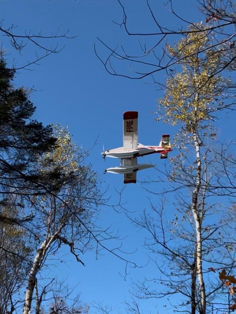 Water scooping aircraft flies above the tree tops with blue sky in the background.