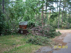 Norway Beach campground sign was damaged by the blowdown in the Chippewa National Forest, July 2012