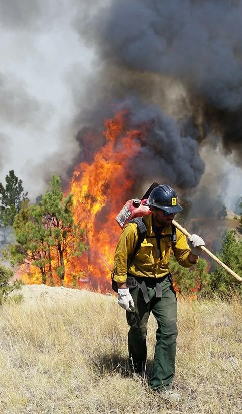 Firefighter holding shovel walks away fromforest with tall orange flames and black smoke.