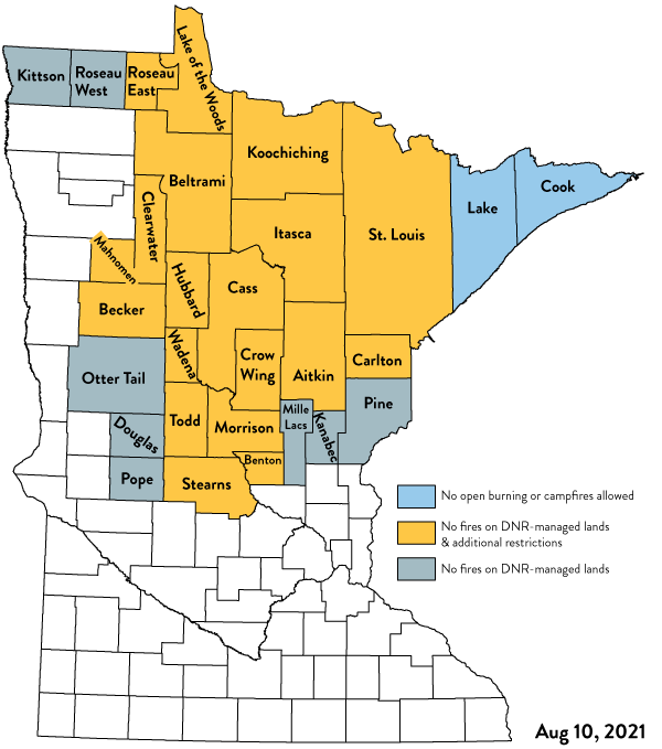 Minnesota County Map color coded for burning restrictions