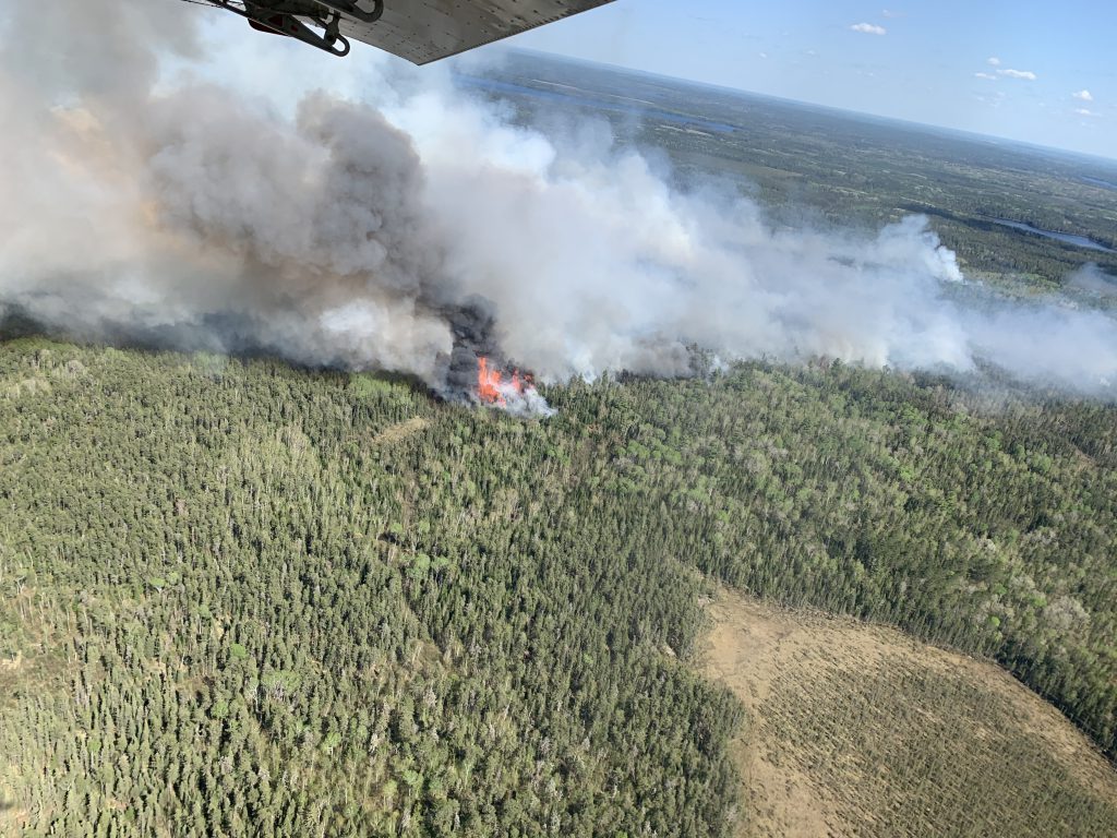 aerial view of land with smoke rising above a forest.