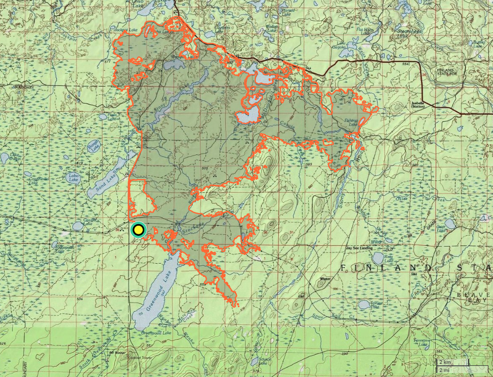 Topographic map with fire perimeter.