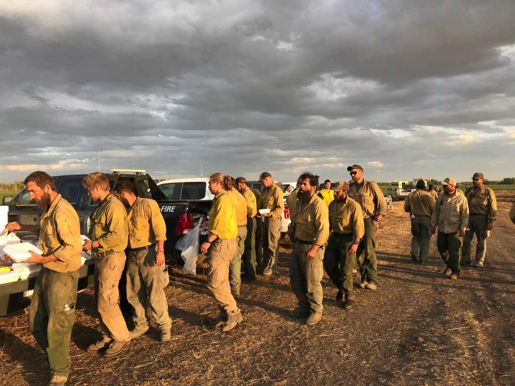 Peopel in yellow shirts standing in a line on bare gound next to vehicles.