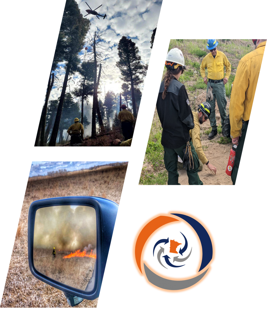 Collage of photos with scenes of wildland fire and firefighters
