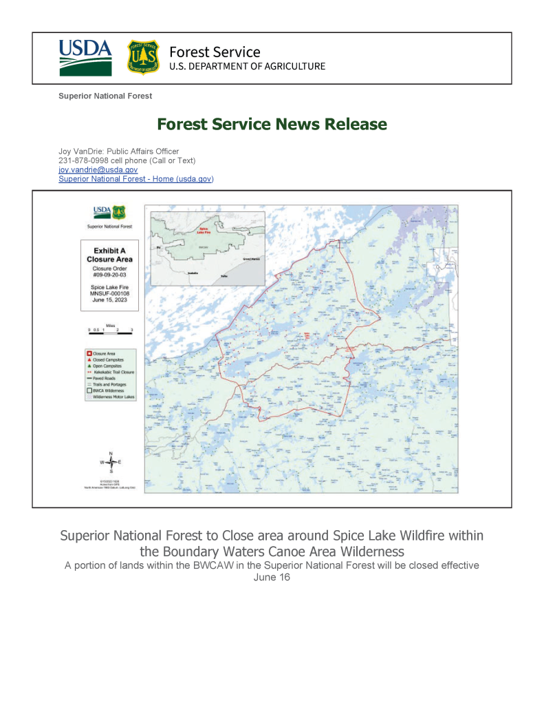 Screen capture of a press release with USDA green and blue logo and U.S. Forest Service shield yellow and green logo. Heading in green and body text in black font color.