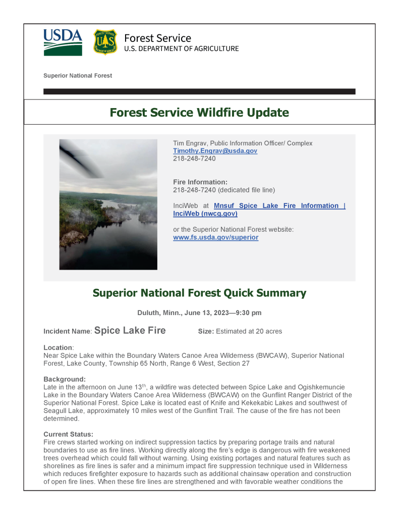 Screen capture of a press release with USDA green and blue logo and U.S. Forest Service shield yellow and green logo. Heading in green and body text in black font color.