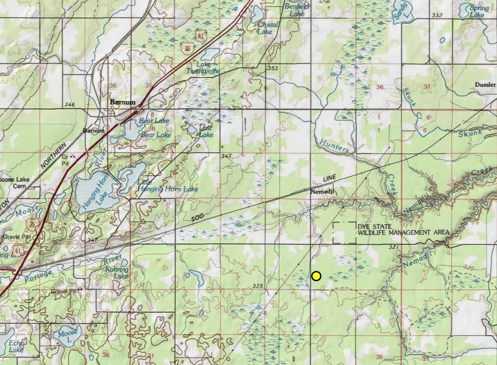 Topographic map with a yellow dot identifying fire location in lower right half quadrant of the photo.