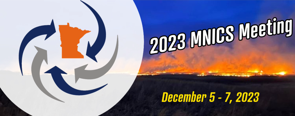 Cover photo with the MNICS logo in a white bubble on left side and white and yellow text in front of a nighttime grassland fire scene.