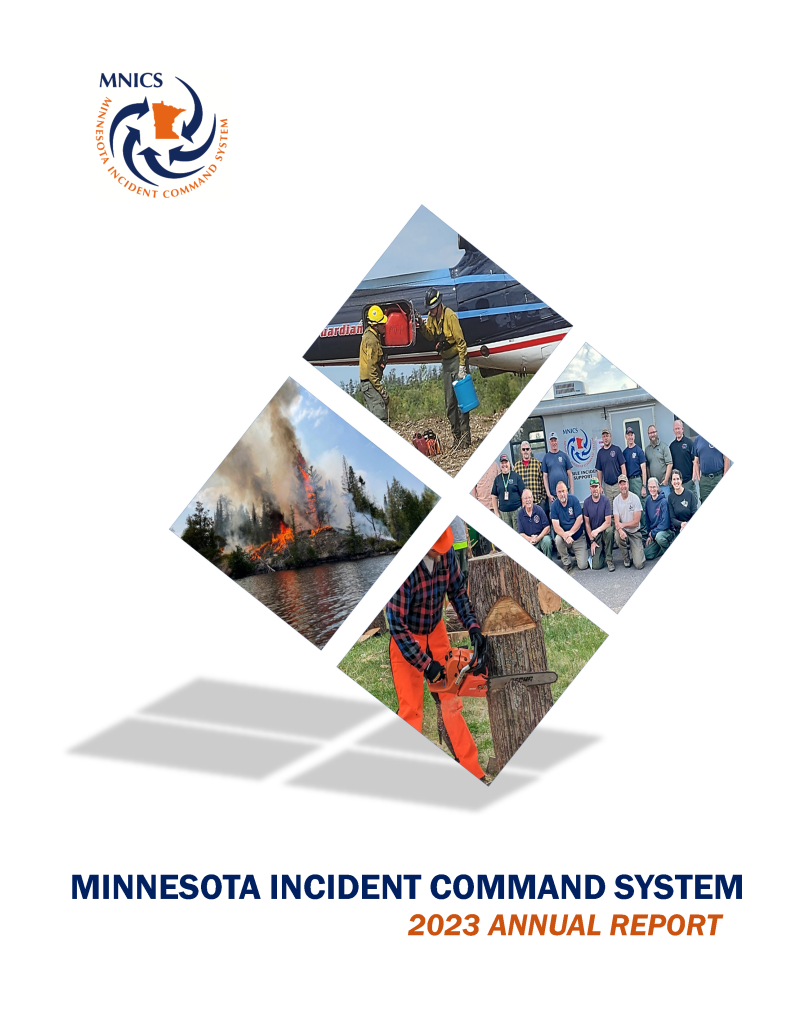 A cover page photo with the MNICS Logo and a collage for firefighting photos.