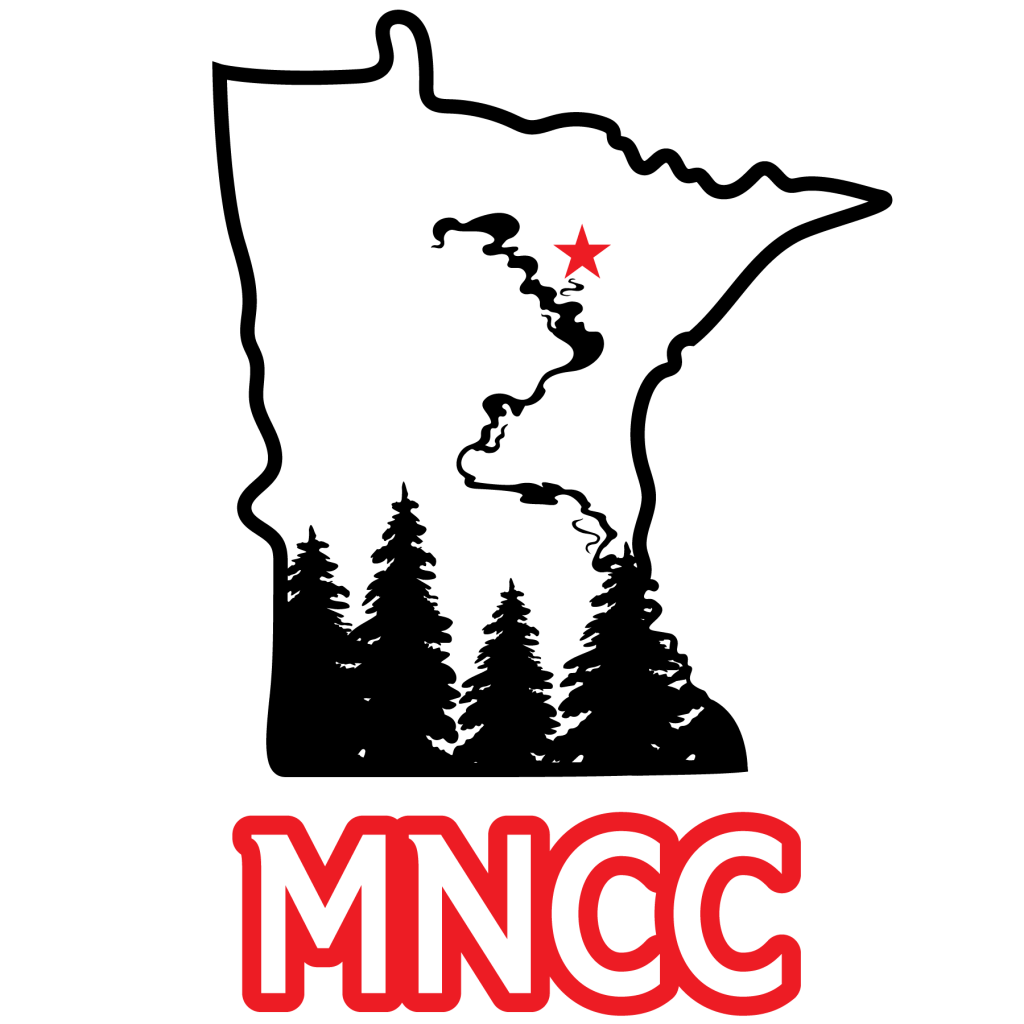 Logo with the shape of Minnesota and text MNCC in red outline letter under the shape.