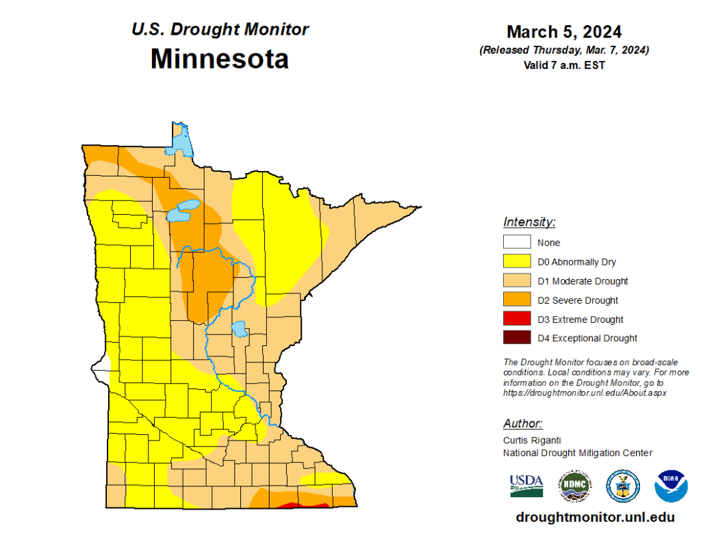 Data and image of state of Minnesota counties shaded in yellow tones describing drought levels.