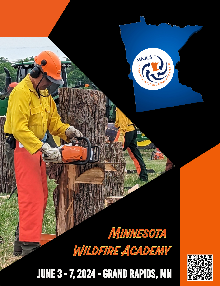 Brochure photo with an image of person in orange chaps using a chainsaw to cut a stump, orange and white lettering on a black background, a logo and a QR code.