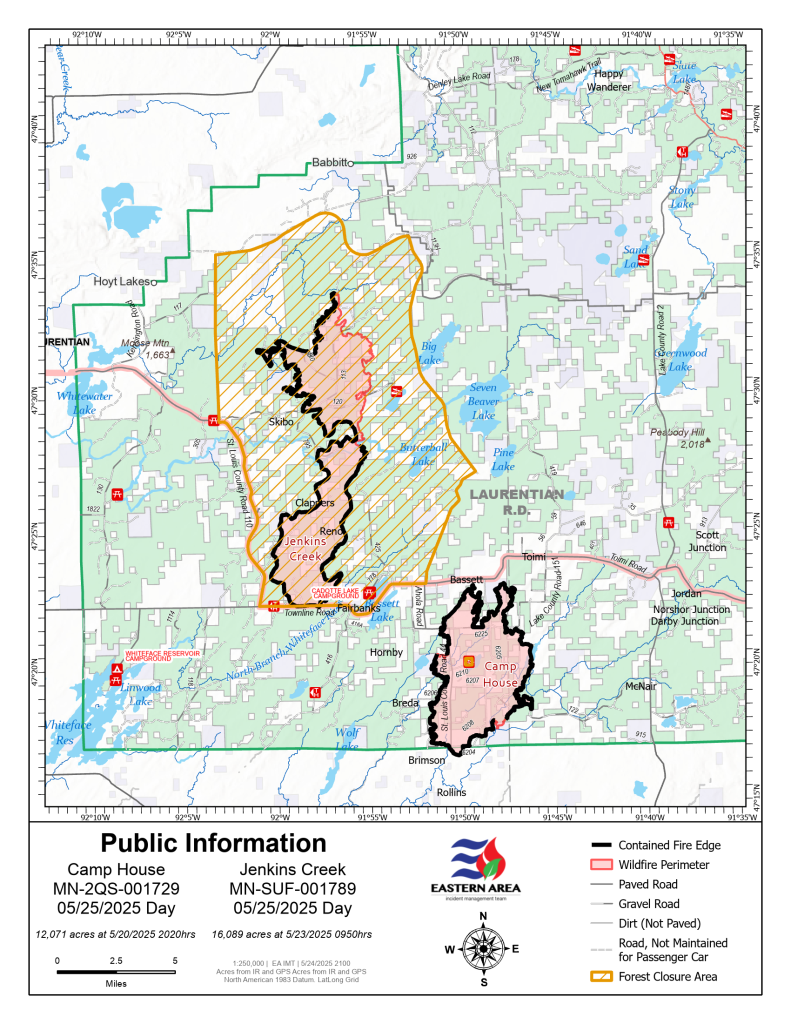 Image of a topographic map with forest closure area defined by tan outlined area filed with tan hashtags, and the two fire areas shaded red with red and black outlines. An Eastern Area logos is embedded into the legend.