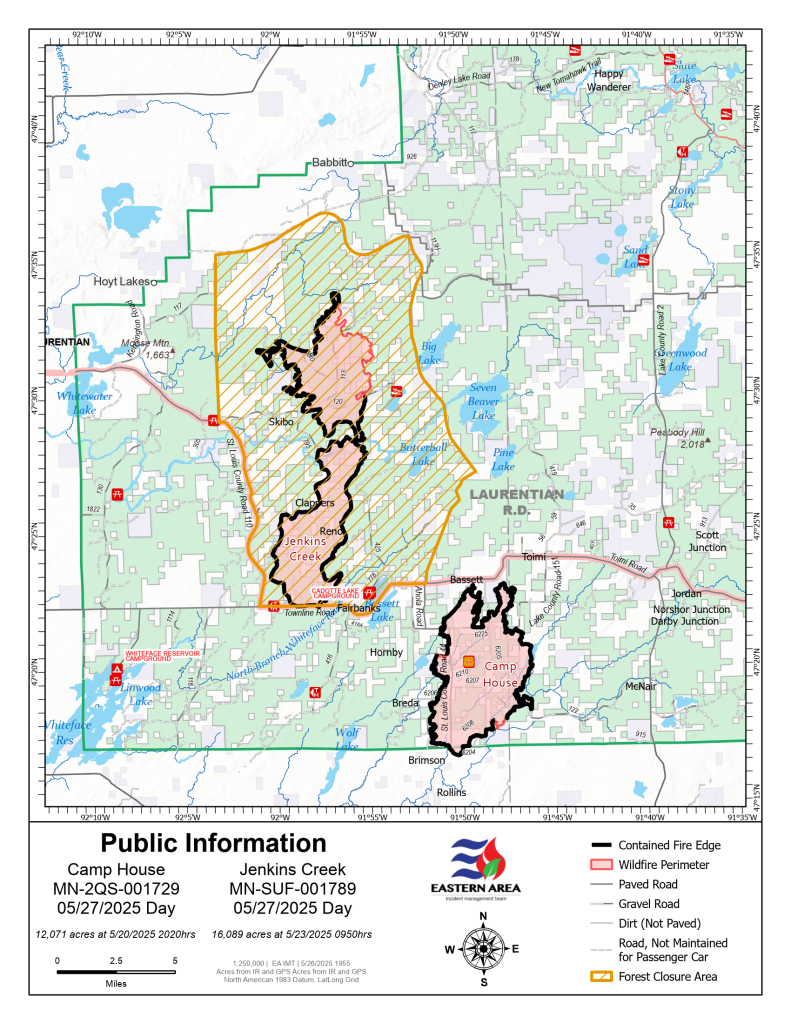 Image of a topographic map with forest closure area defined by tan outlined area filed with tan hashtags, and the two fire areas shaded red with red and black outlines. An Eastern Area logos is embedded into the legend.