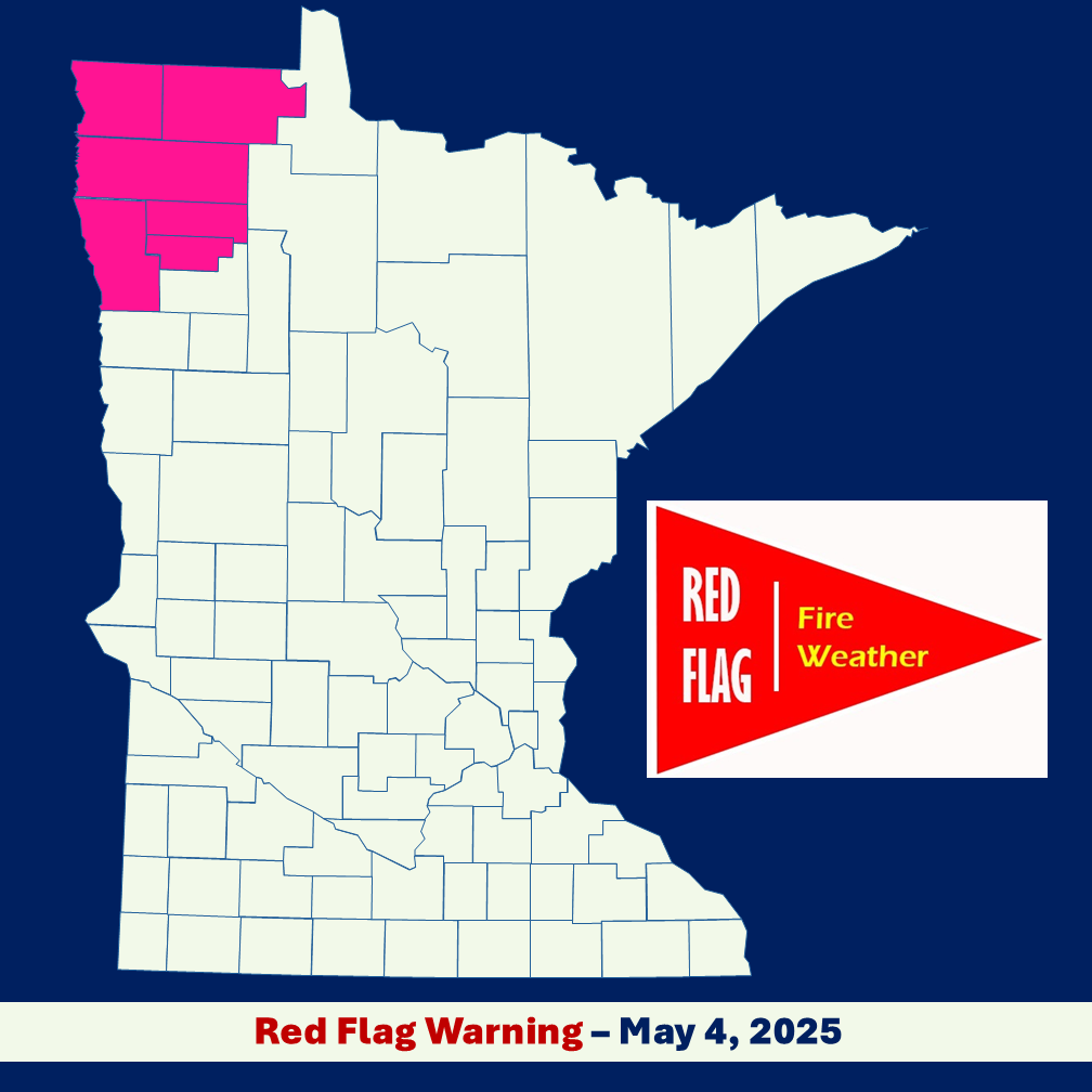 Infographic with a county boundary map of Minnesota, with red flag warning area shaded pink, and a red flag banner, with yellow and white text inside banner, all in front of a dark blue background.