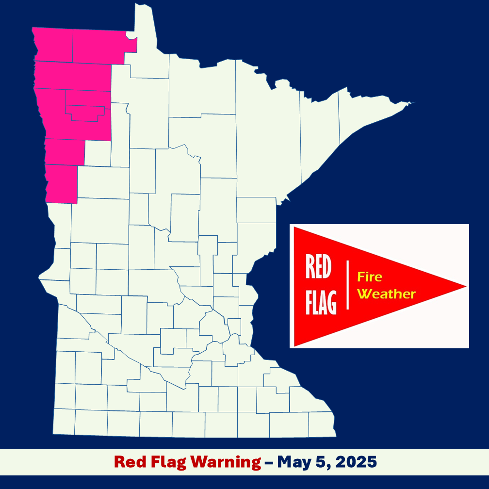 Infographic that includes a Minnesota county boundary map with counties in Red Flag Warning Area shaded pink, a red banner flag with white and yellow text and a dark blue background.