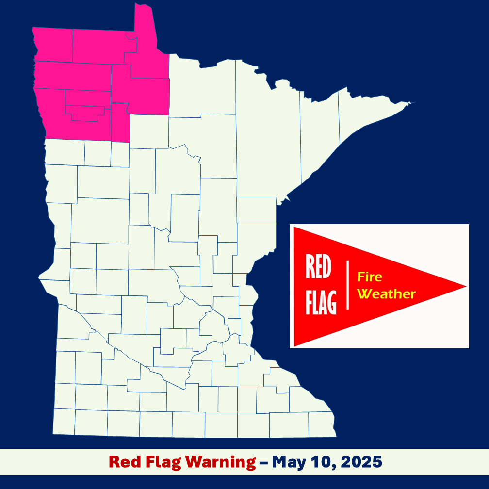 Infographic image of a Minnesota county boundary map with red flag warning area shaded pink and a red flag banner image with white and yellow text all set in front of a dark blue background.