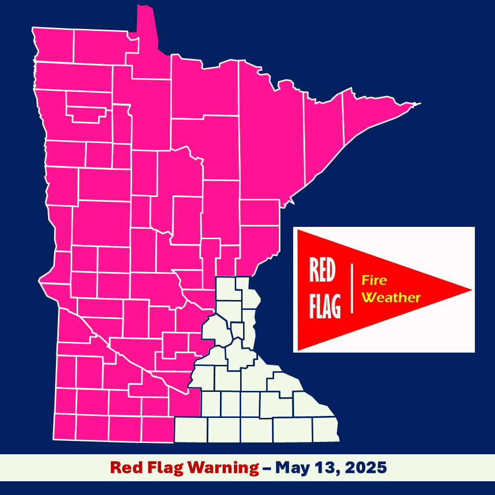 Infographic image of a Minnesota county boundary map with red flag warning area shaded pink and a red flag banner image with white and yellow text all set in front of a dark blue background.