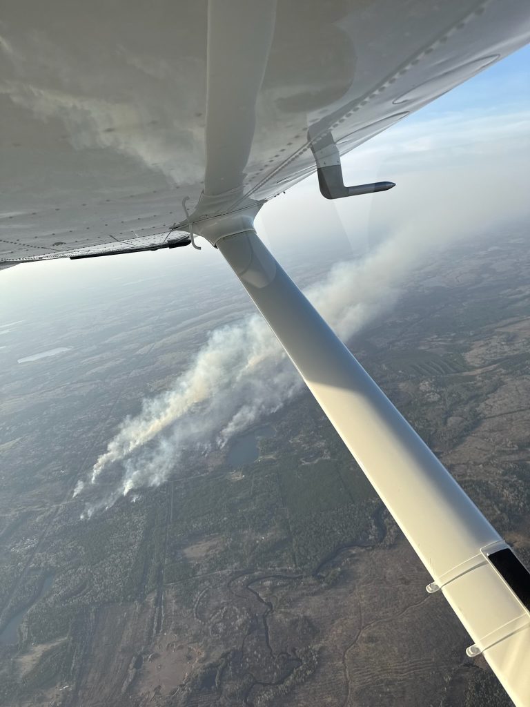 Image of white wildfire smoke rising form a sky view of a forest from an aircraft. The white wing of the aircraft is visible in the top of the image.