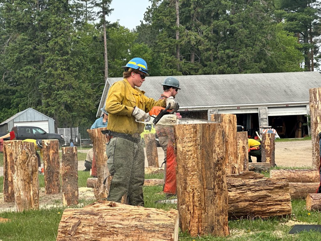Wildfire Academy student practicing face cuts on a wood log