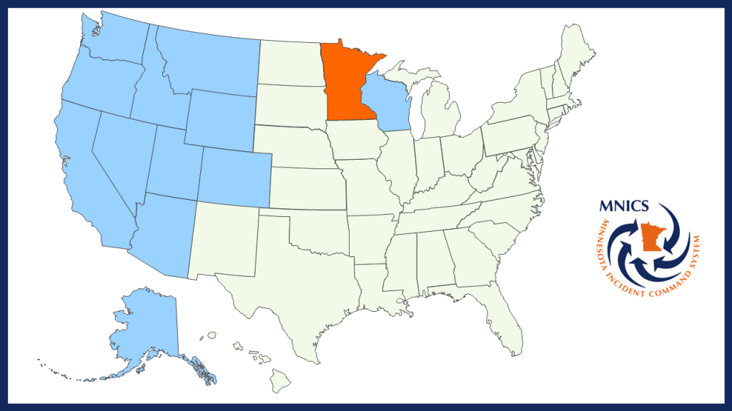 Image of a United State Map with states shaded light blue, orange or tan, and a MNICS logo.