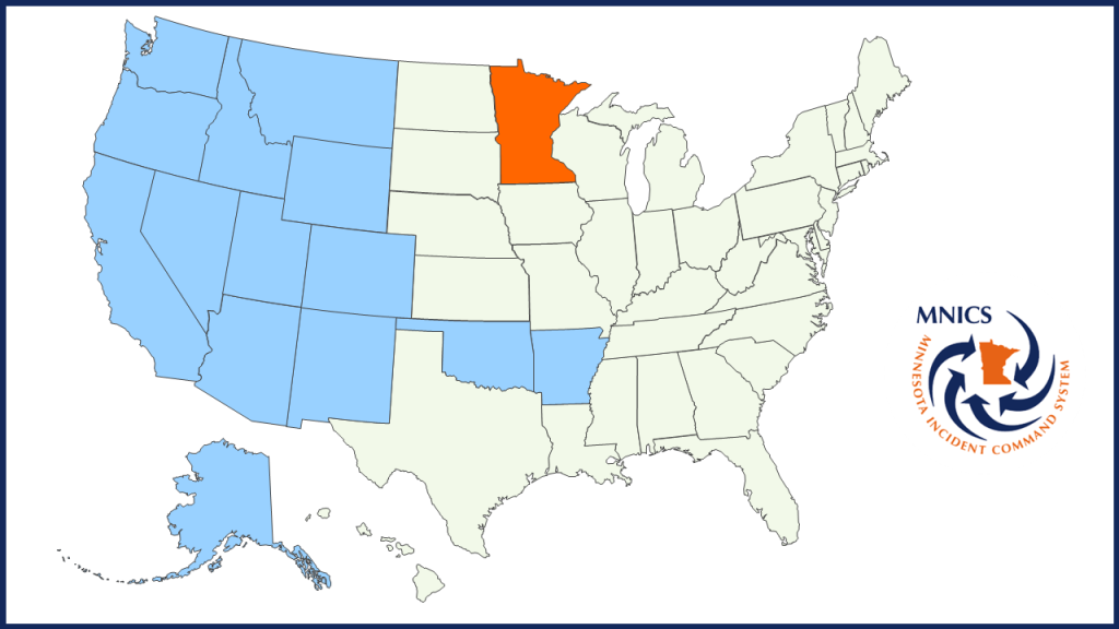 Image of a United State Map with states shaded light blue, orange or tan, and a MNICS logo.