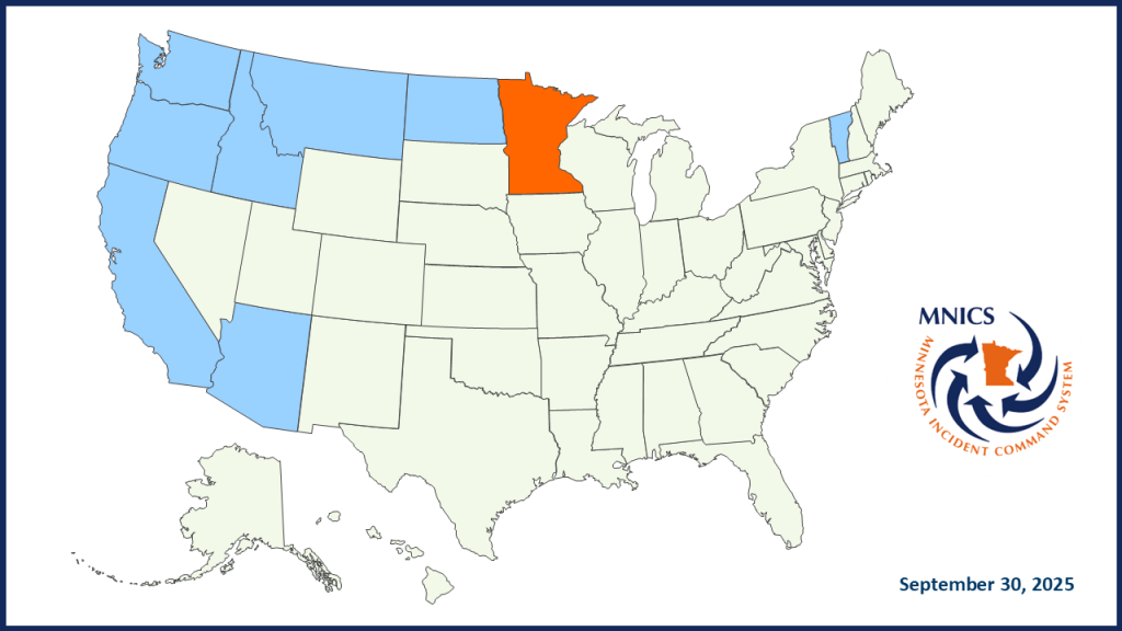 Image of a United State Map with states shaded light blue, orange or tan, and a MNICS logo.