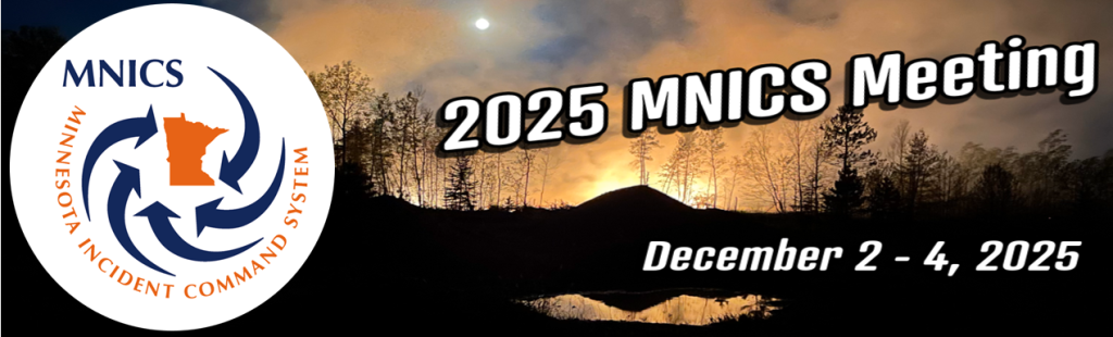 Infographic with a background image of a night time wildfire scene and white text and a circular shape MNICS logo.