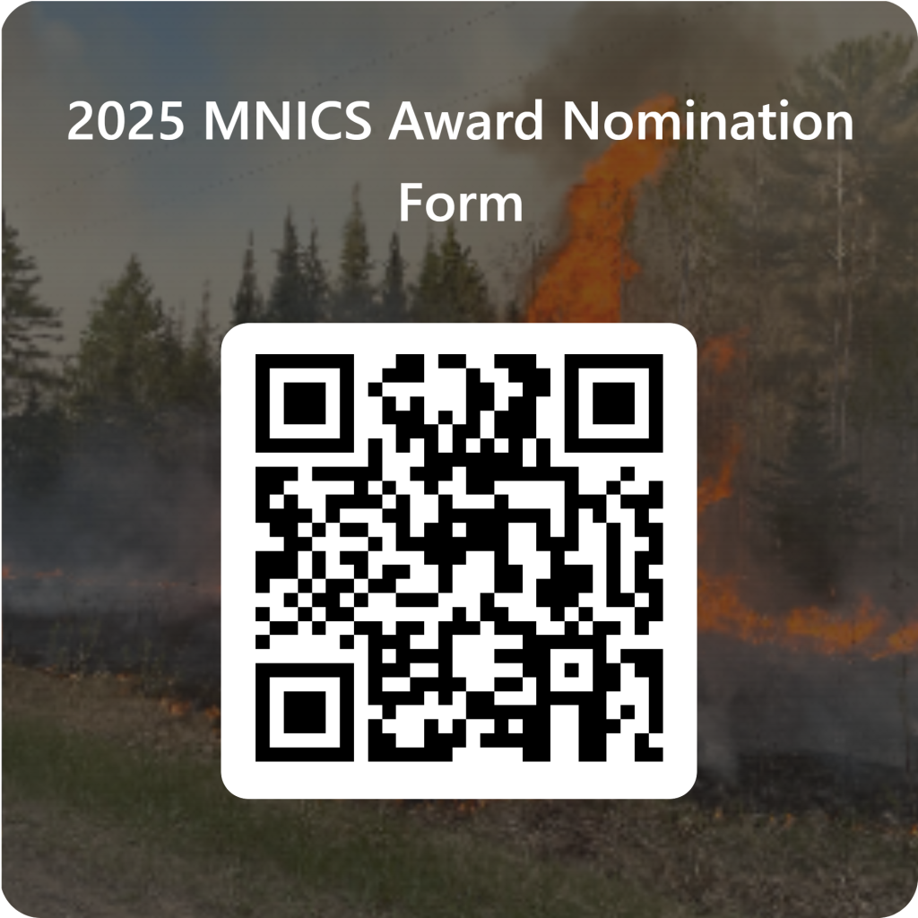 Image of a QR generated code surrounded by a wildfire scene in the background and white text at the top of the code.