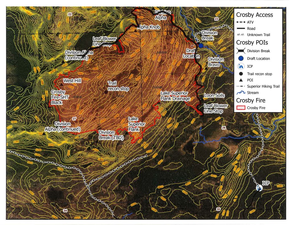 Topographic map of the Crosby Fire with the fire perimeter outlined in red and black line.