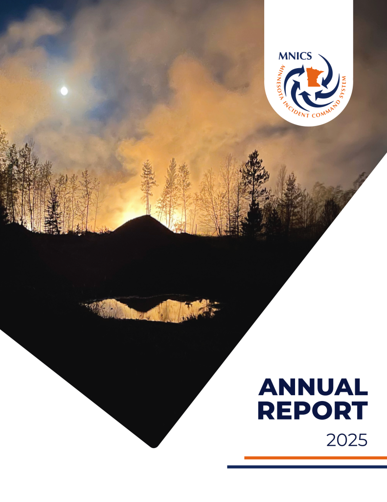A cover page image with a night time wildfire scene, the MNICS logo in the upper right and the text Annual Report 2025 in the lower right.