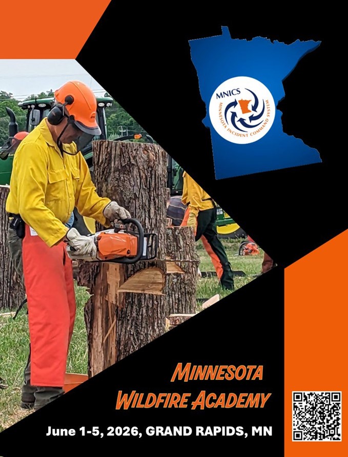 Infographic cover page with a black and orange decorative background and image of the state of Minnesota, a man working with a chainsaw and the MNICS logo.