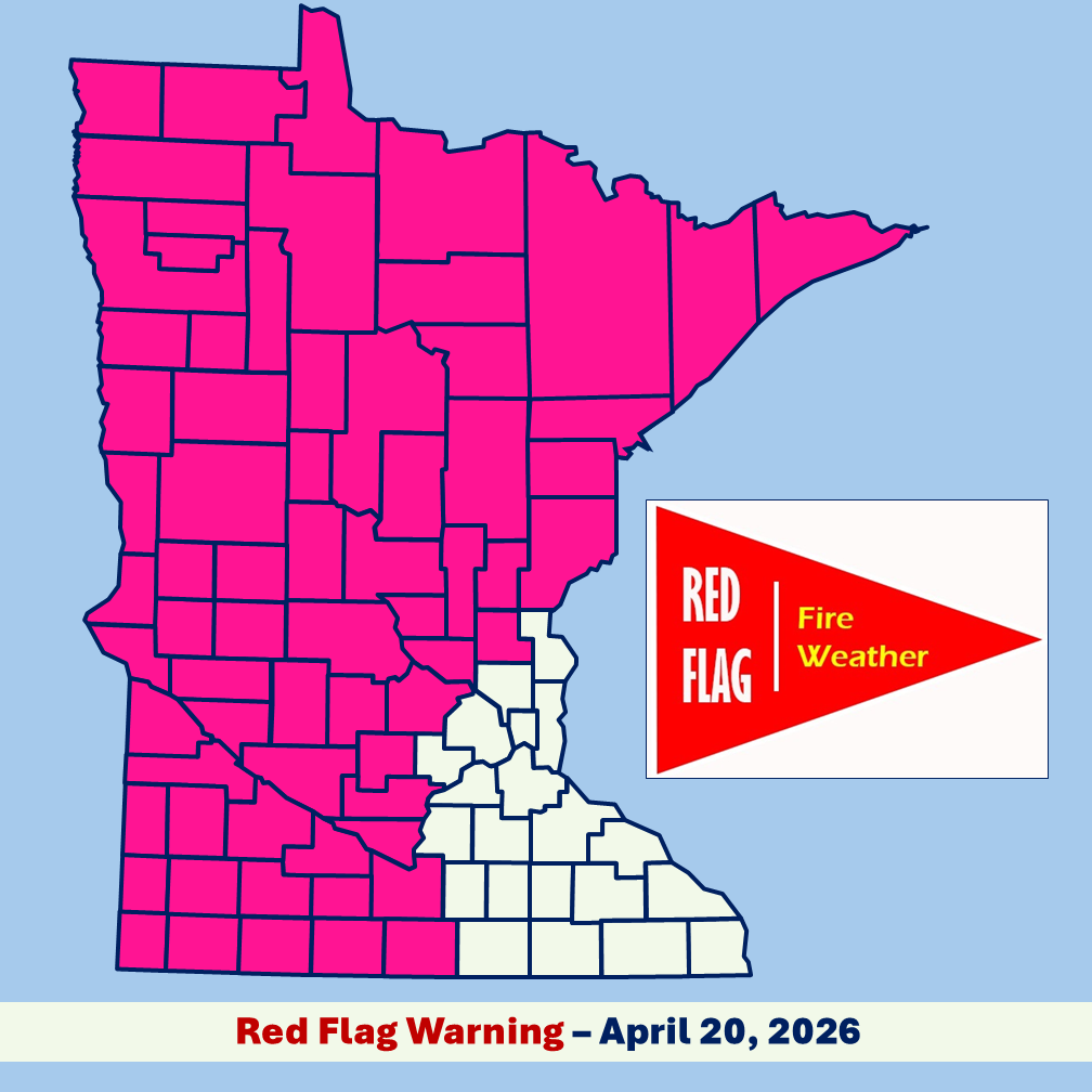 Infographic image of a Minnesota county boundary map with red flag warning area shaded pink and a red flag banner image with white and yellow text all set in front of a light blue background.