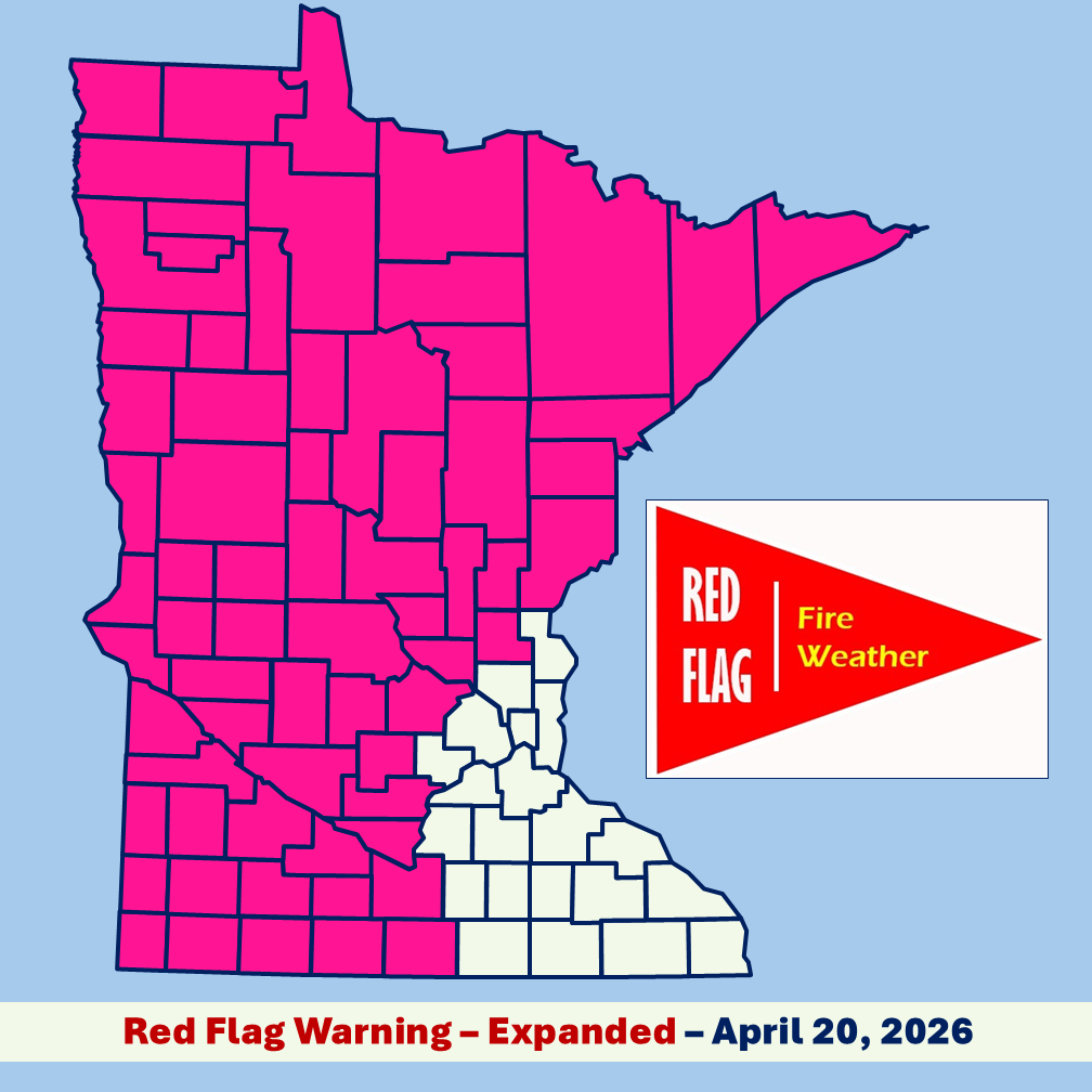 Infographic image of a Minnesota county boundary map with red flag warning area shaded pink and a red flag banner image with white and yellow text all set in front of a light blue background.