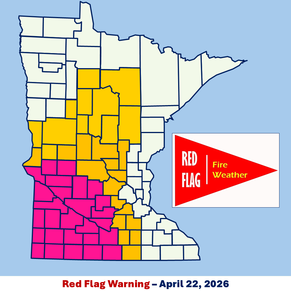 Infographic image of a Minnesota county boundary map with red flag warning area shaded pink and a red flag banner image with white and yellow text all set in front of a light blue background.