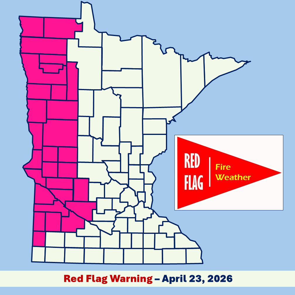 Infographic image of a Minnesota county boundary map with red flag warning area shaded pink and a red flag banner image with white and yellow text all set in front of a light blue background.