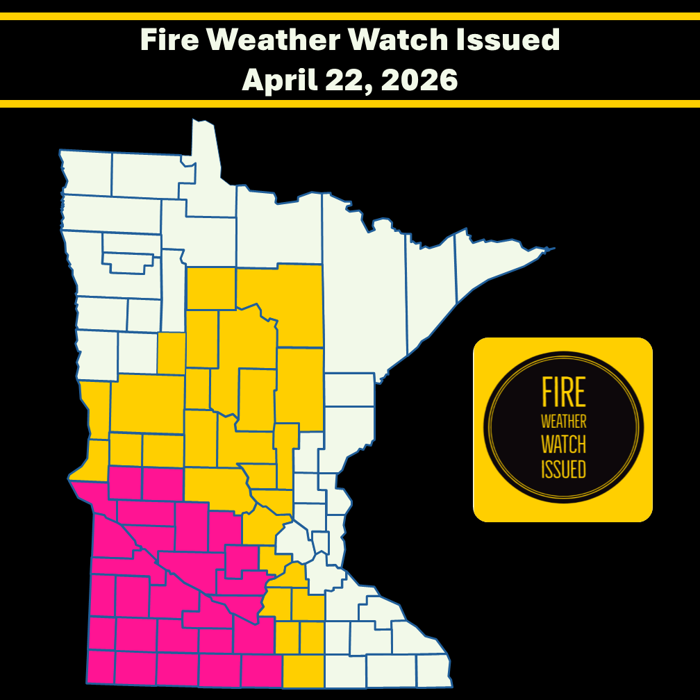 Infographic image of a Minnesota county boundary map with fire weather watch area shaded yellow and yellow fire weather watch issued image all set in front of a black background.
